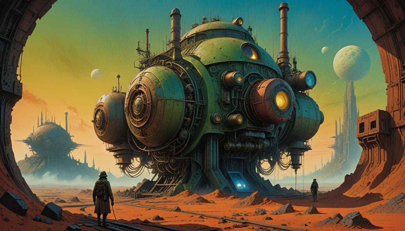 Industrial Futurist Terra-Former on Rusty Exoplanet Landscap...