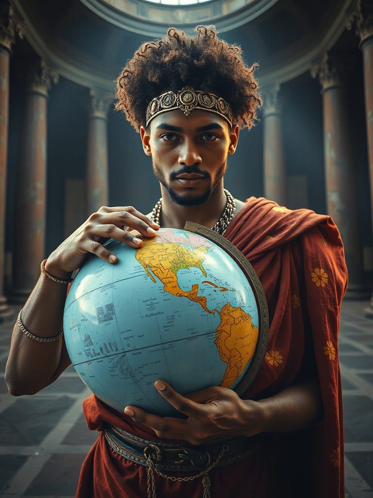 Afrocentric Man with Globe in Romanesque Spacecore Style