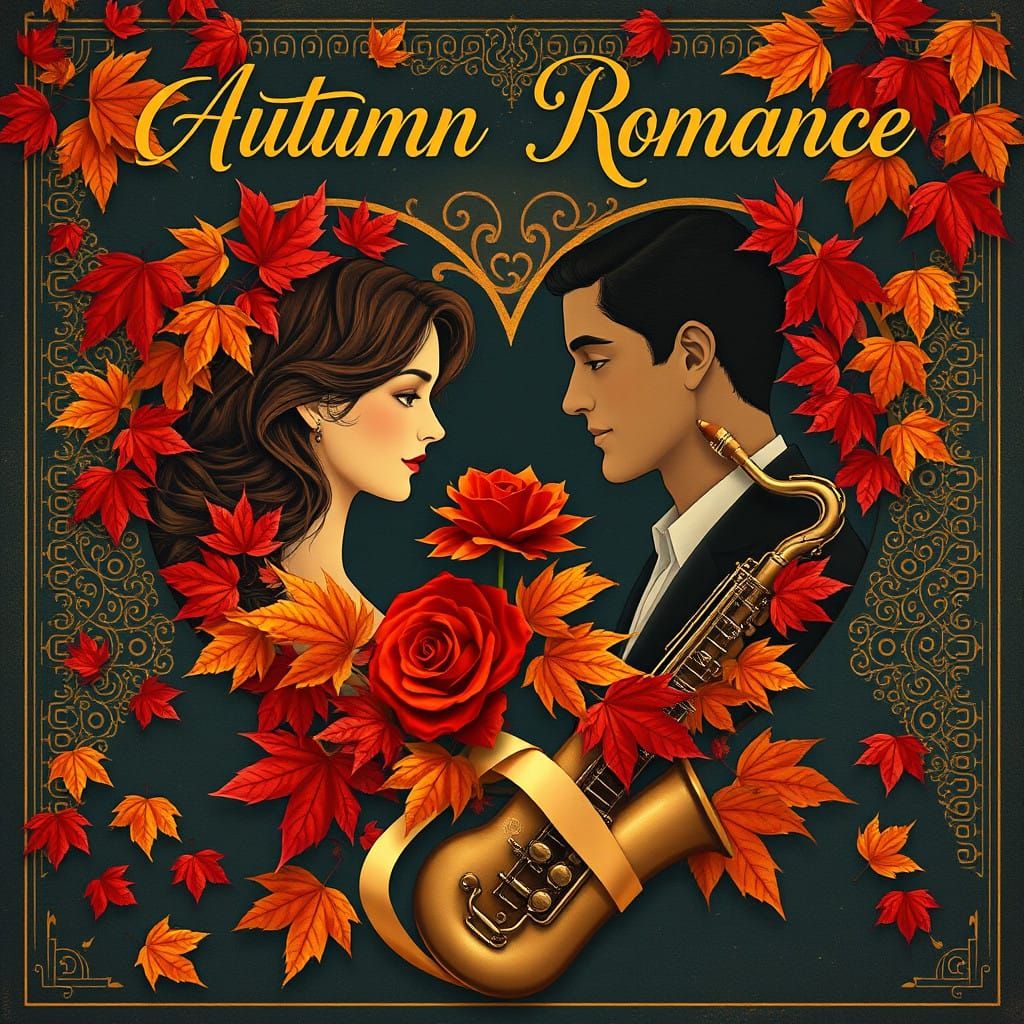 Vintage Autumn Romance Scene with Saxophone and Heart-Shaped...