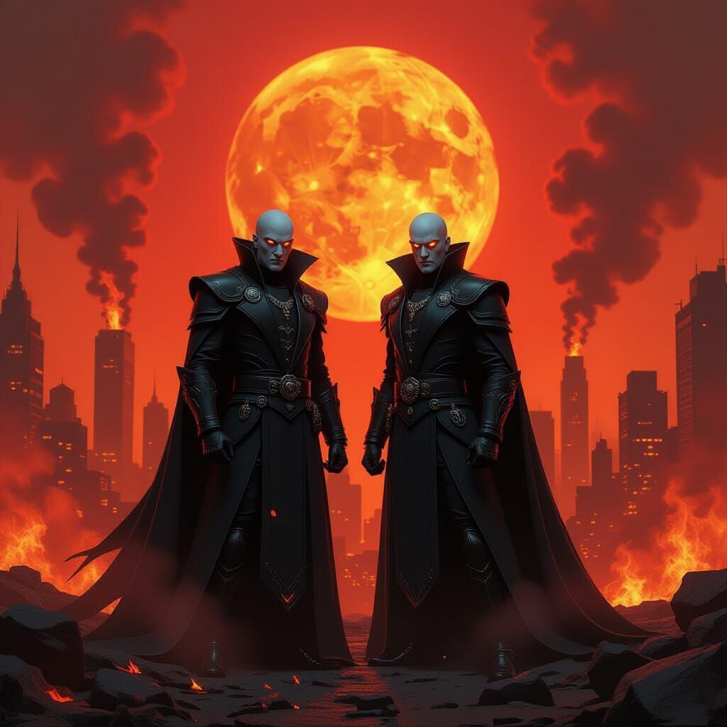 Menacing Villains in Burning City Concept Art