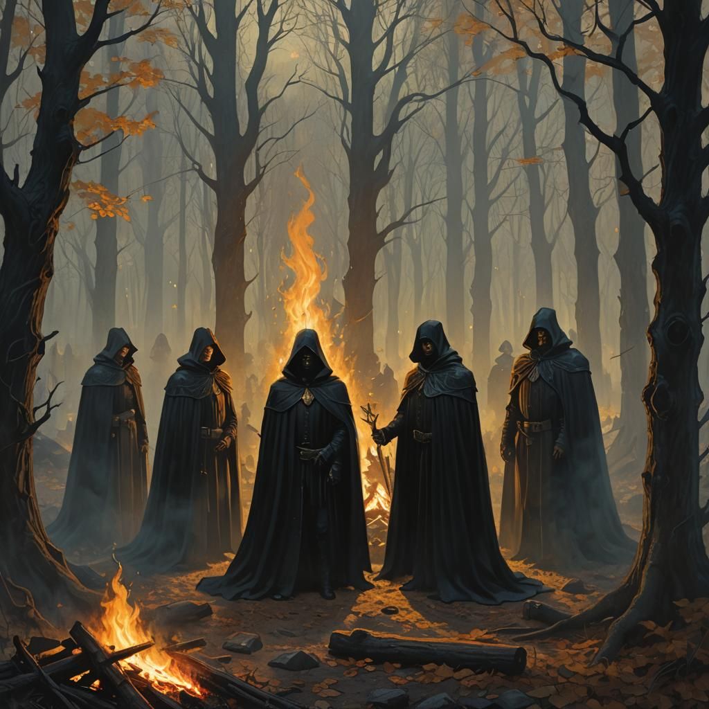Mysterious Figures in Forest Clearing: Dark Fantasy Art