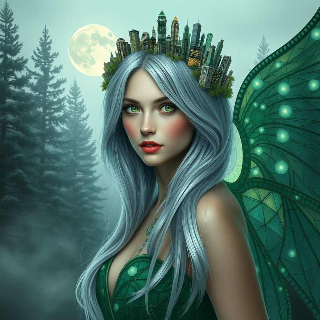 Majestic City Queen with Glittering Crown and Iridescent Win...