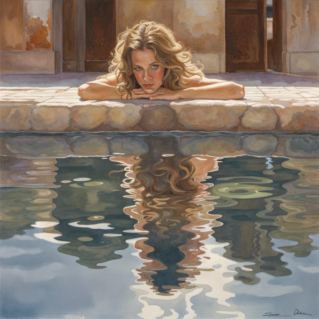 Woman Reflected in Turkish Bath: Watercolor Art