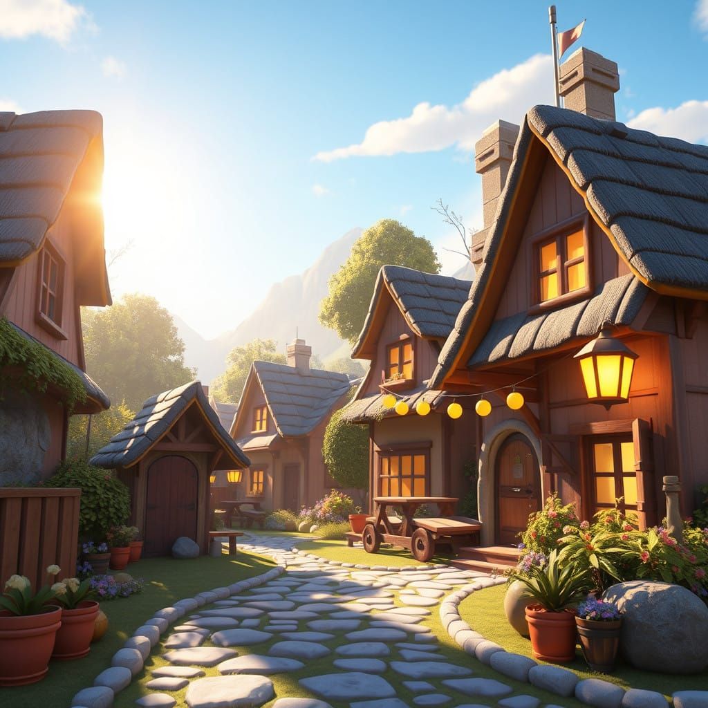 Whimsical Village in Warm Pixar Light