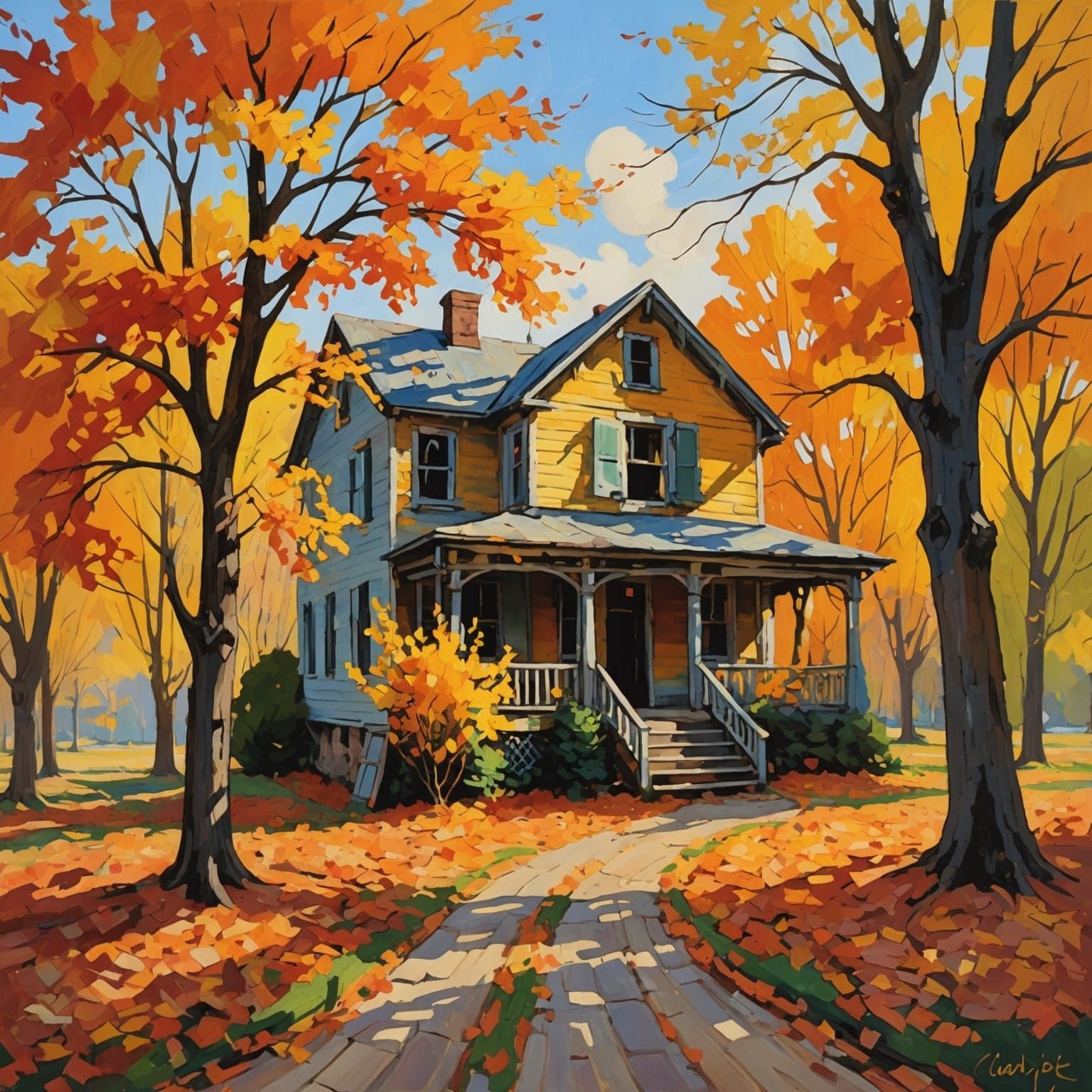 Autumnal Impressionist House in Vivid Sunlight