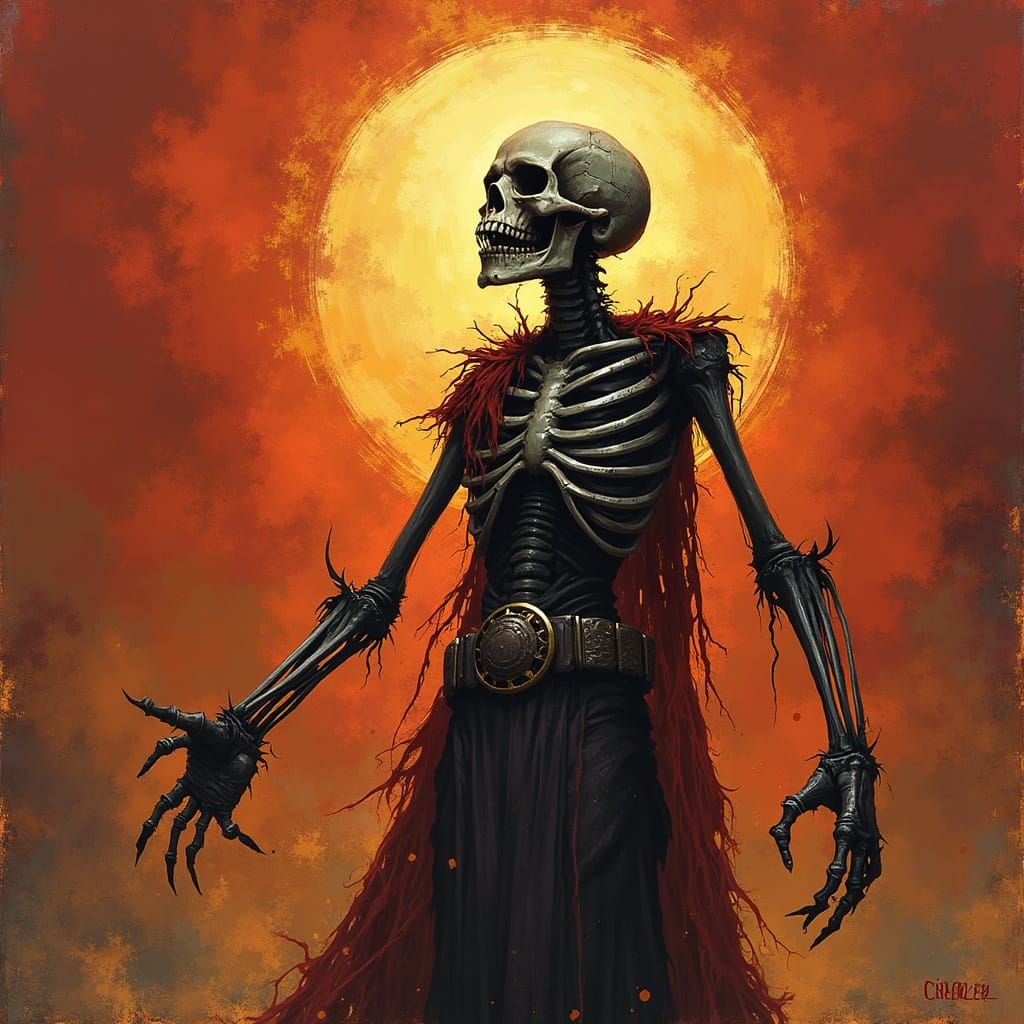 Eerie Skeleton Art in Horror Vacui Papyrus Style