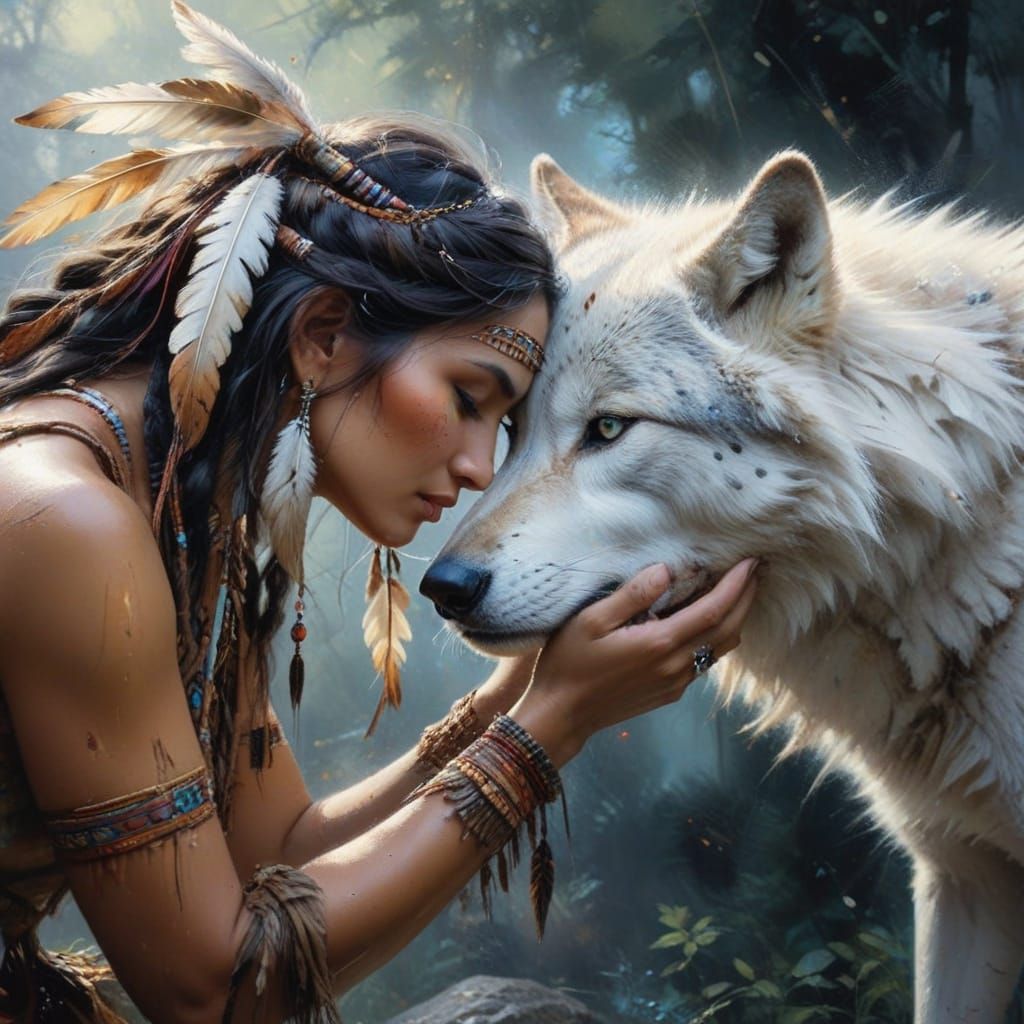 A Native American Woman Shows Love to a Loyal Wolf