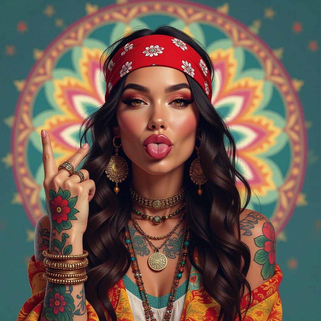 Psychedelic Hippie Portrait in Art Nouveau Style