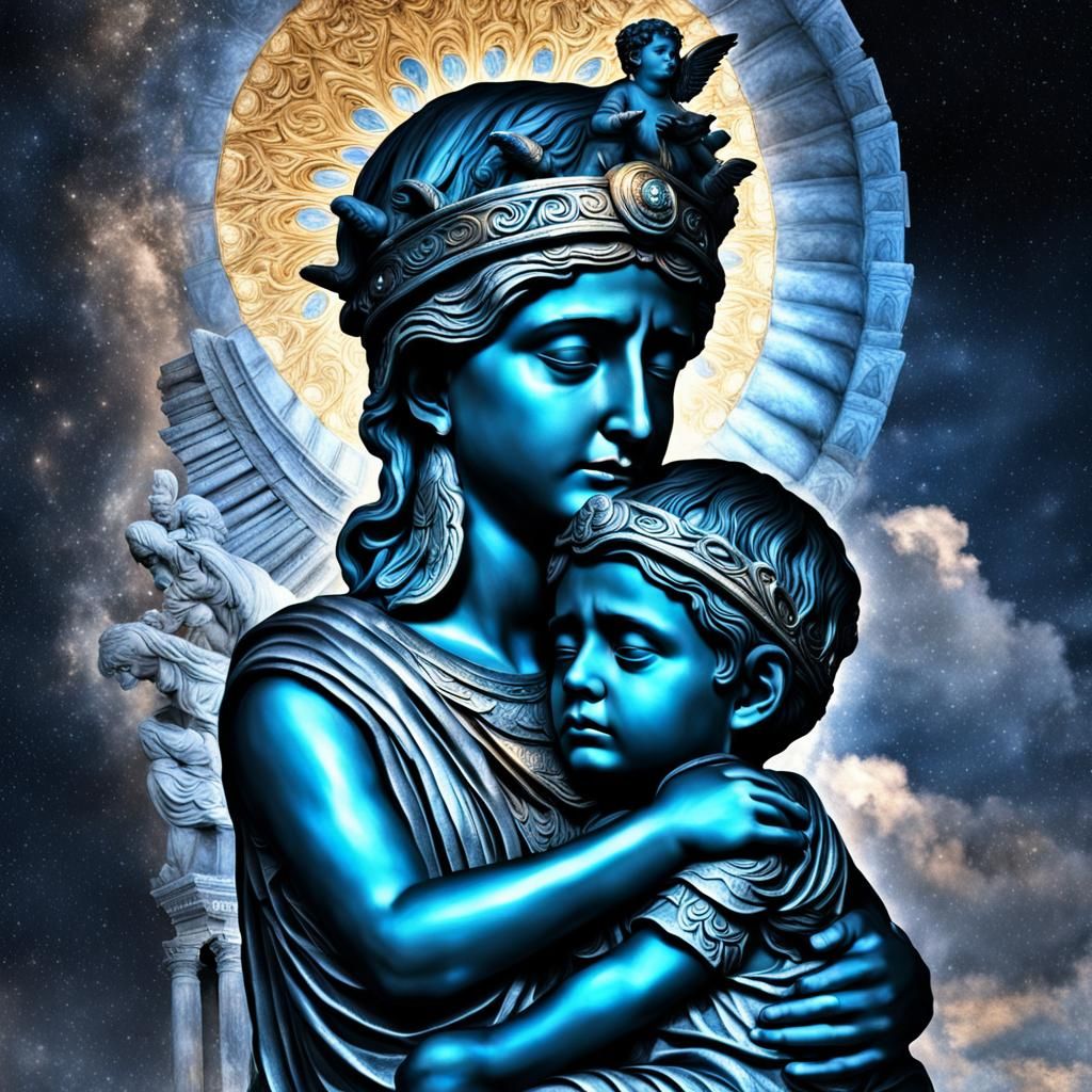Athena Comforts a Crying Boy: Hyperrealistic Image