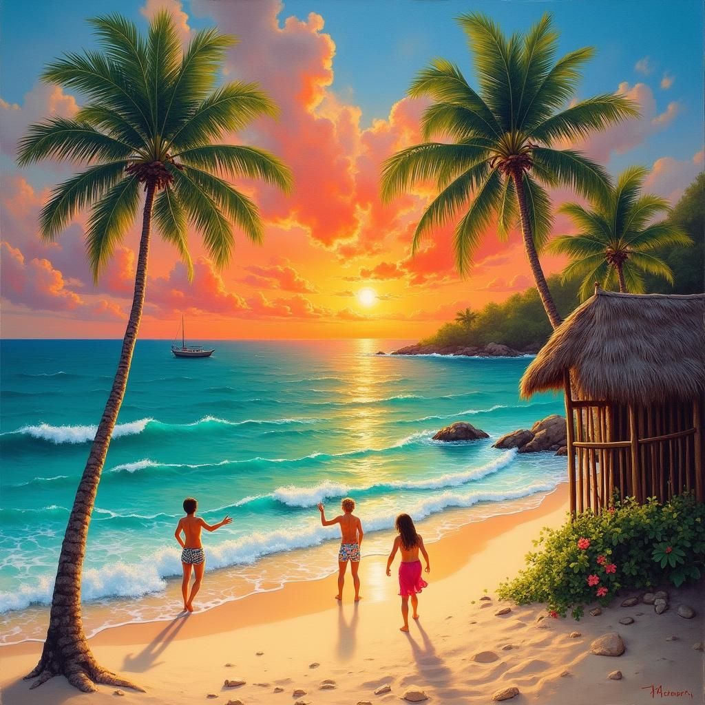 Tropical Beach Sunset: Oil Painting
