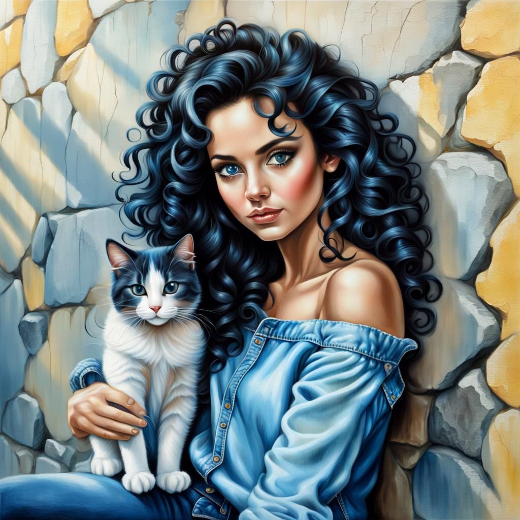 Beautiful Woman in Spring Field, Airbrushed Oil Painting