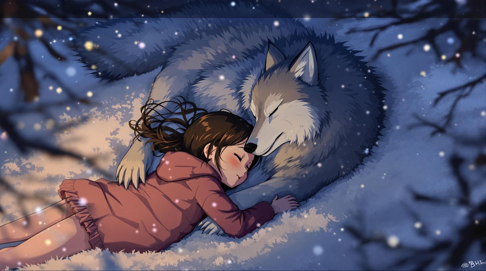 Ghibli-Inspired Wolf and Girl Share a Cozy Snowy Moment