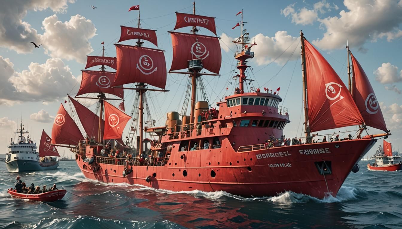 Diesel Fishing Ship Surrounded by Red Sail Cruisers