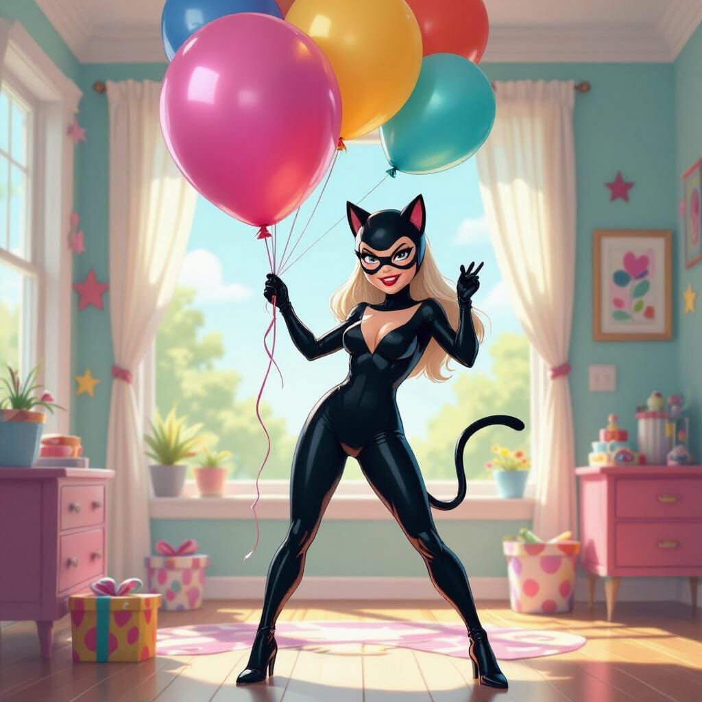 Felicia Hardy with Giant Balloon in Colorful Room