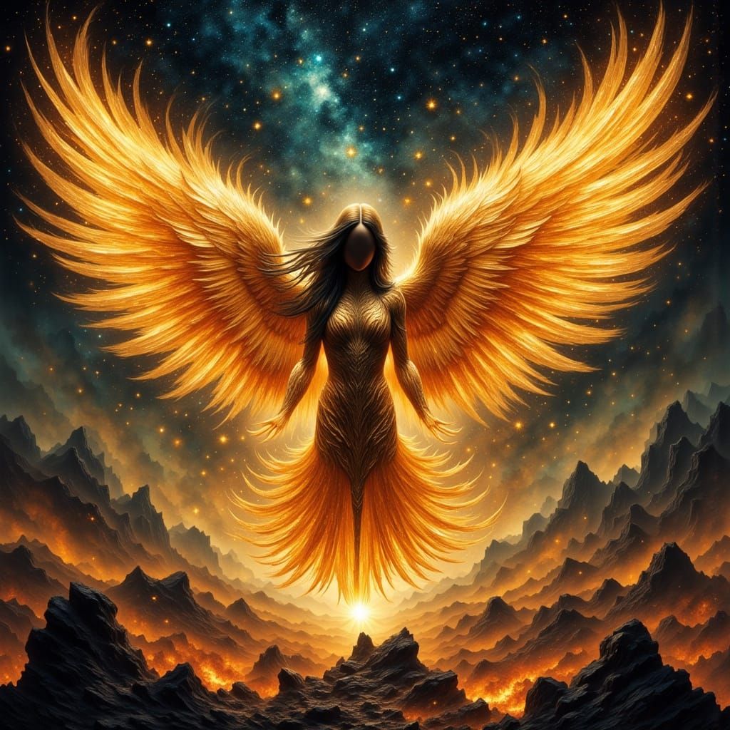 Golden Phoenix Rises from Ashes in Starry Sky