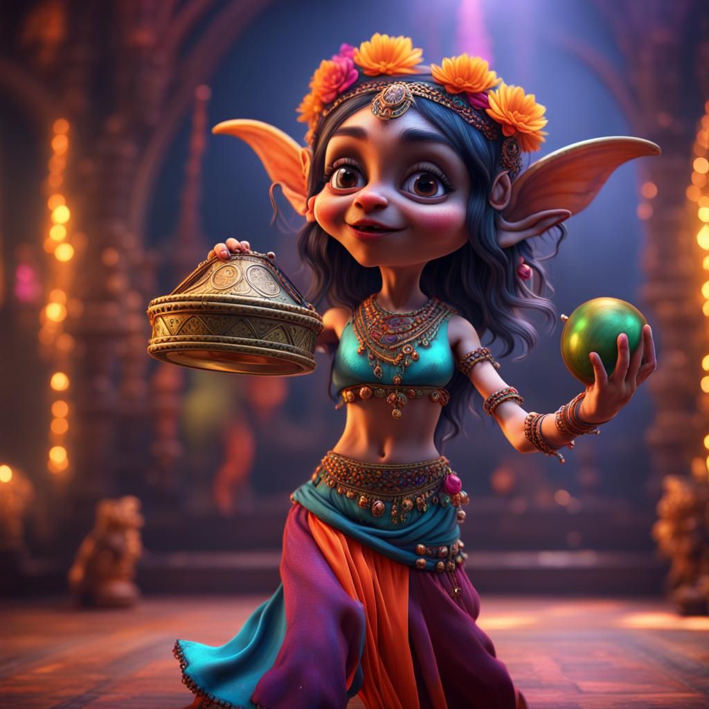 Whimsical Goblin Belly Dancer in Bright Colors