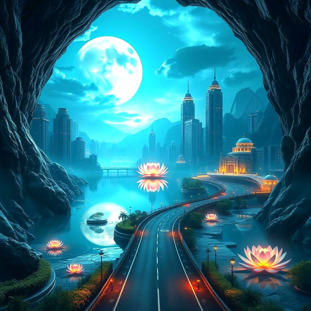 Surreal City Center with Lotus Moon: Fantasy Art