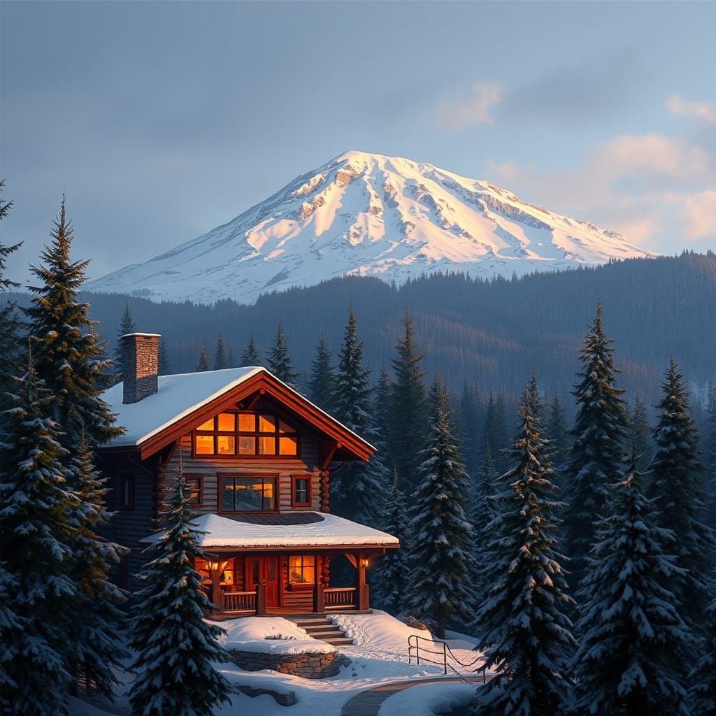 Snowy Mountain Chalet, Landscape Painting Style