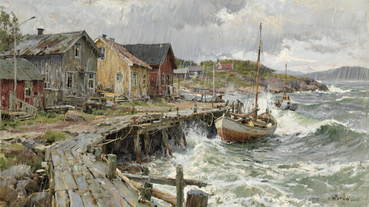 Coastal Village Endures Storm in Painterly Style