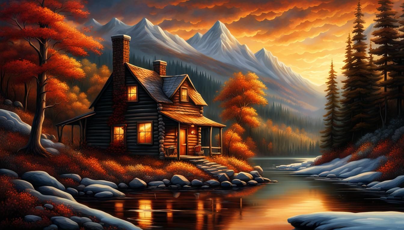 Enchanting Cabin in Woods: Autumn Sunrise Landscape