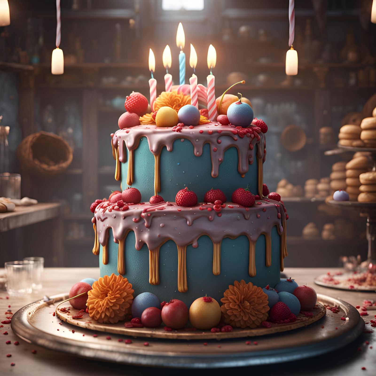 Detailed Birthday Cake in Bakery, Digital Art