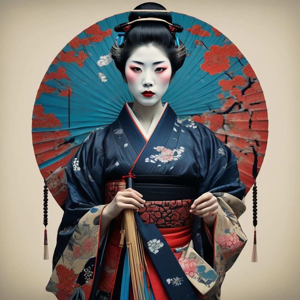 Colorful Geisha Art in Aubrey Beardsley Style