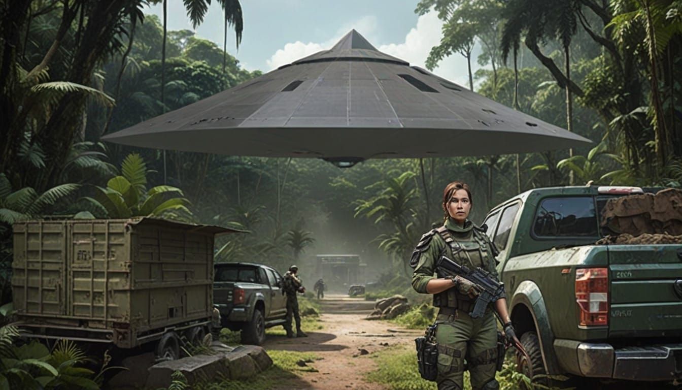 Futuristic Female Soldier in Jungle Clears Path for Advanced...
