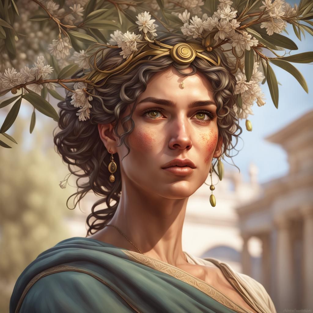 Greek Woman Portrait with Olive-Tree Flowers