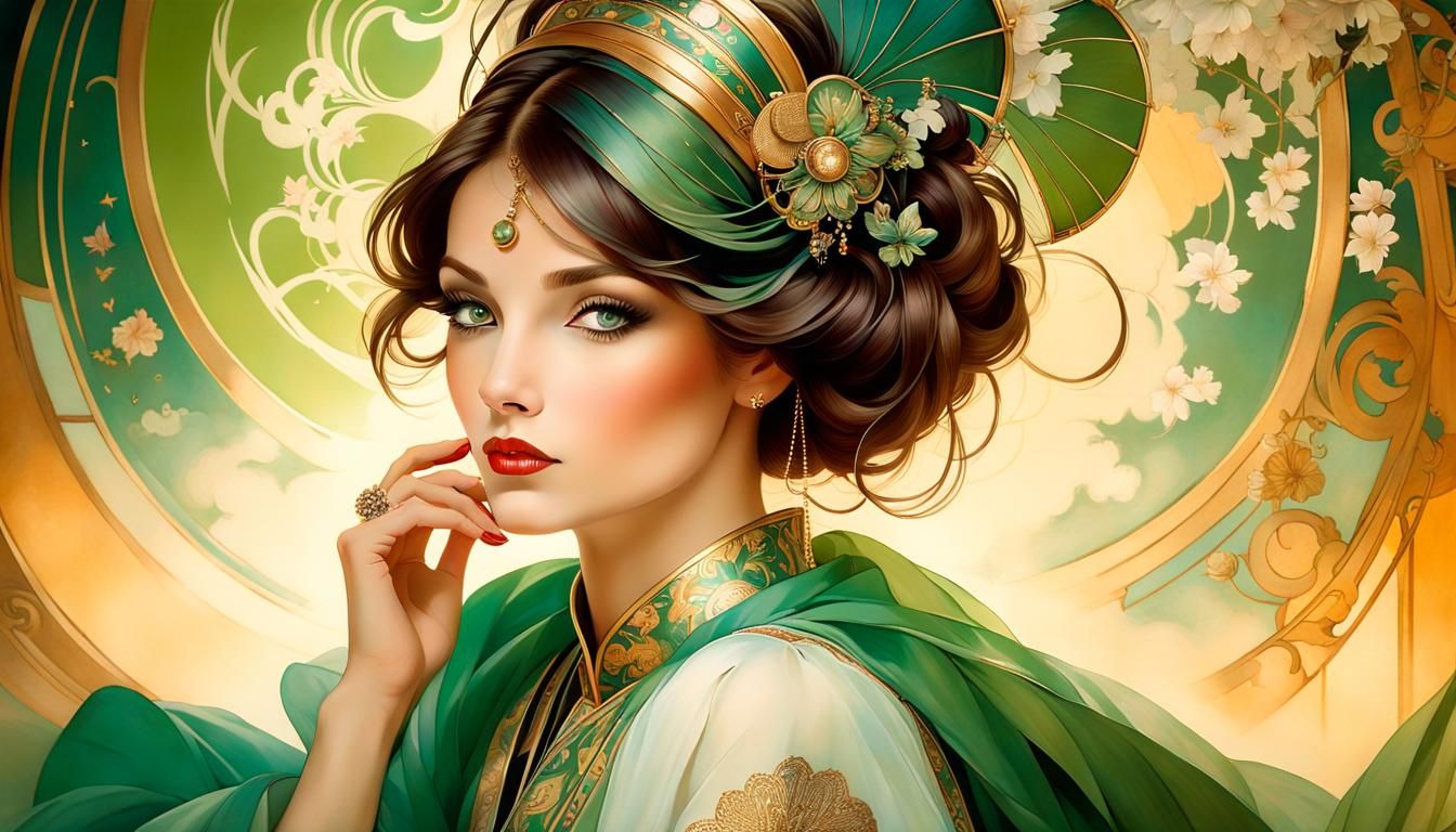 Elegant Woman Portrait in Mucha-Inspired Watercolor Style