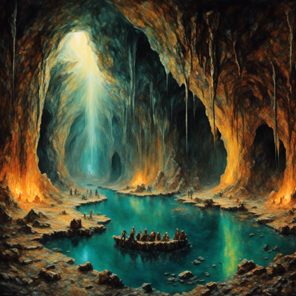 Alien Cave with Bioluminescent Pool and Moon Rock