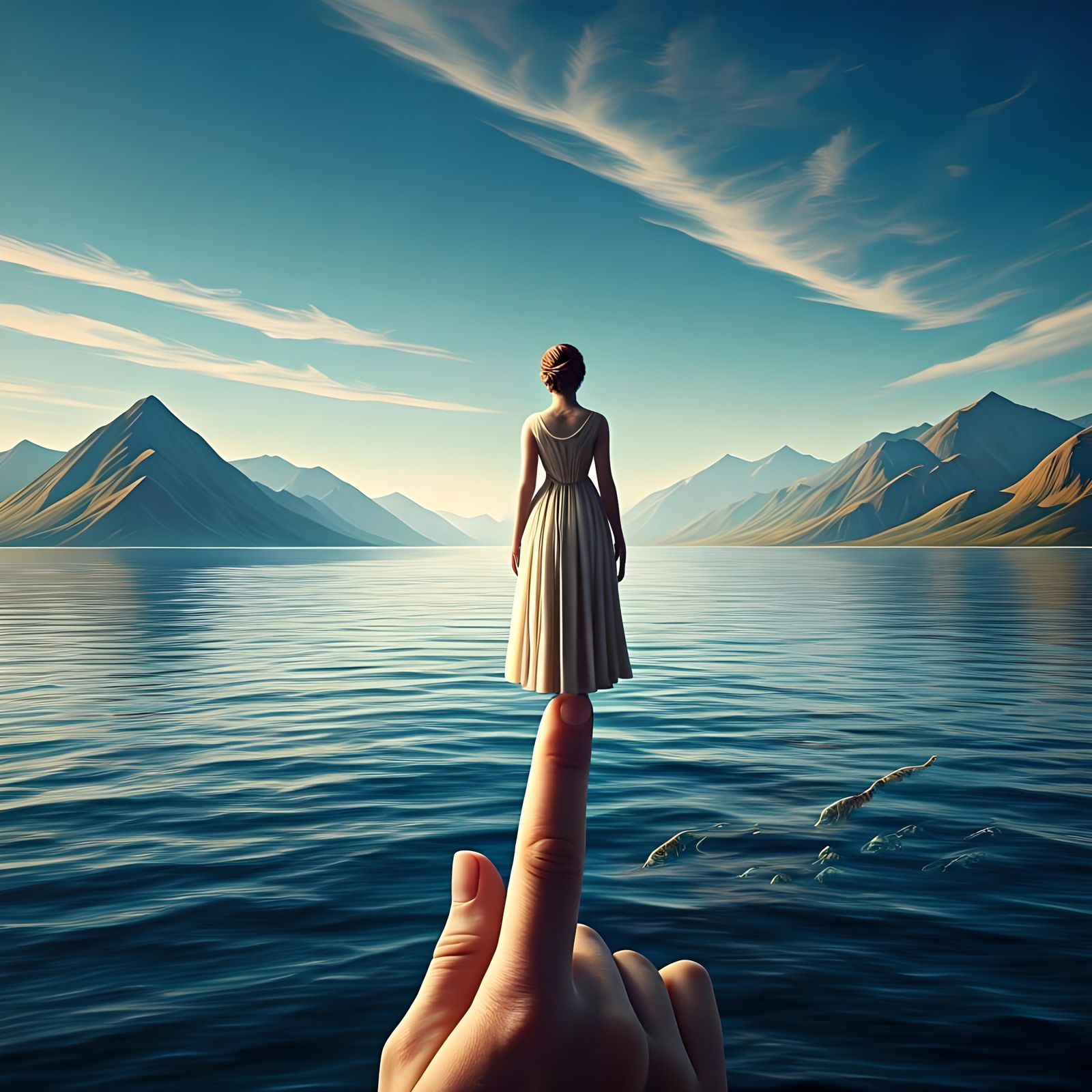 Surreal Ocean Rescue: Miniature Woman, Giant Finger