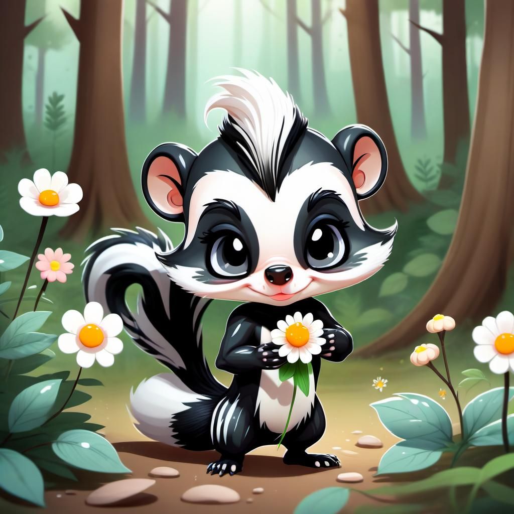 Chibi Skunk Smelling Flower in Forest