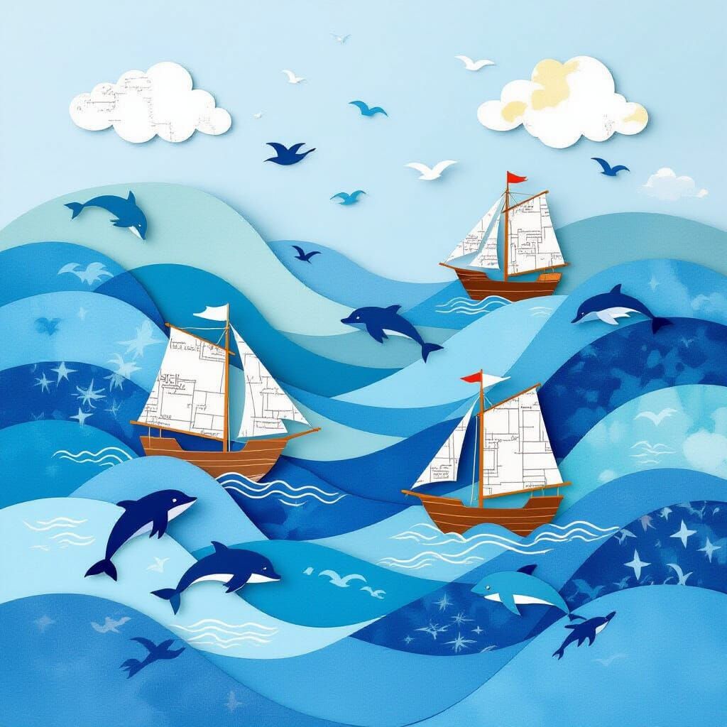 Whimsical Paper Ocean with Map Ships and Dolphins
