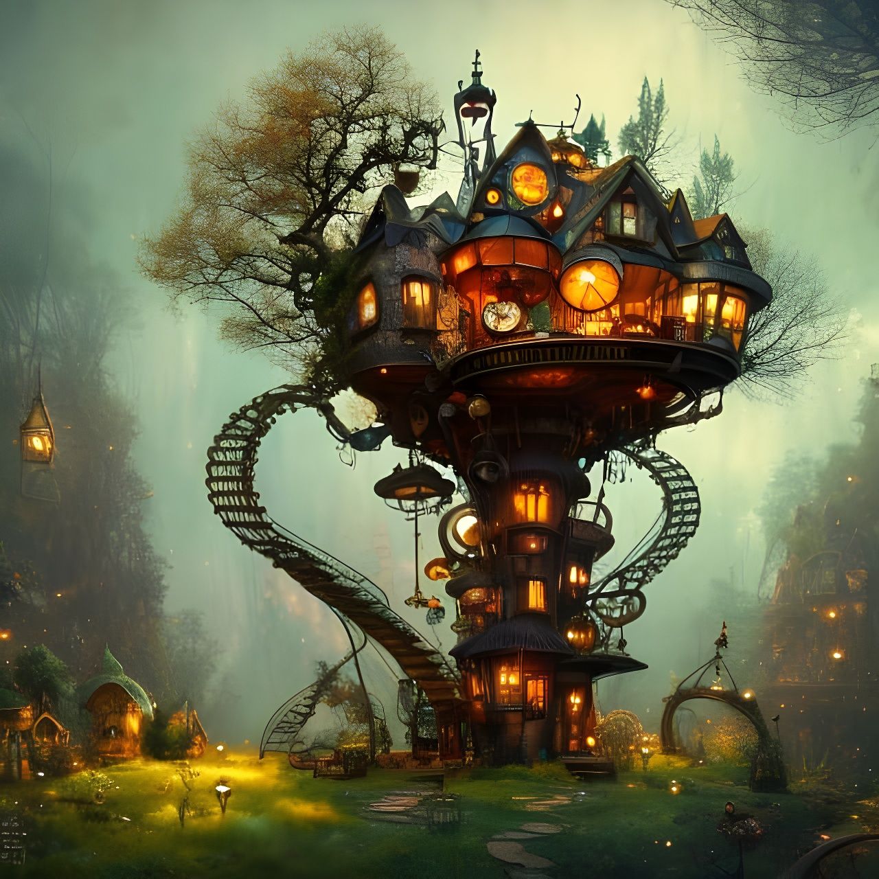Steampunk Treehouse in Valley, Art Nouveau Style