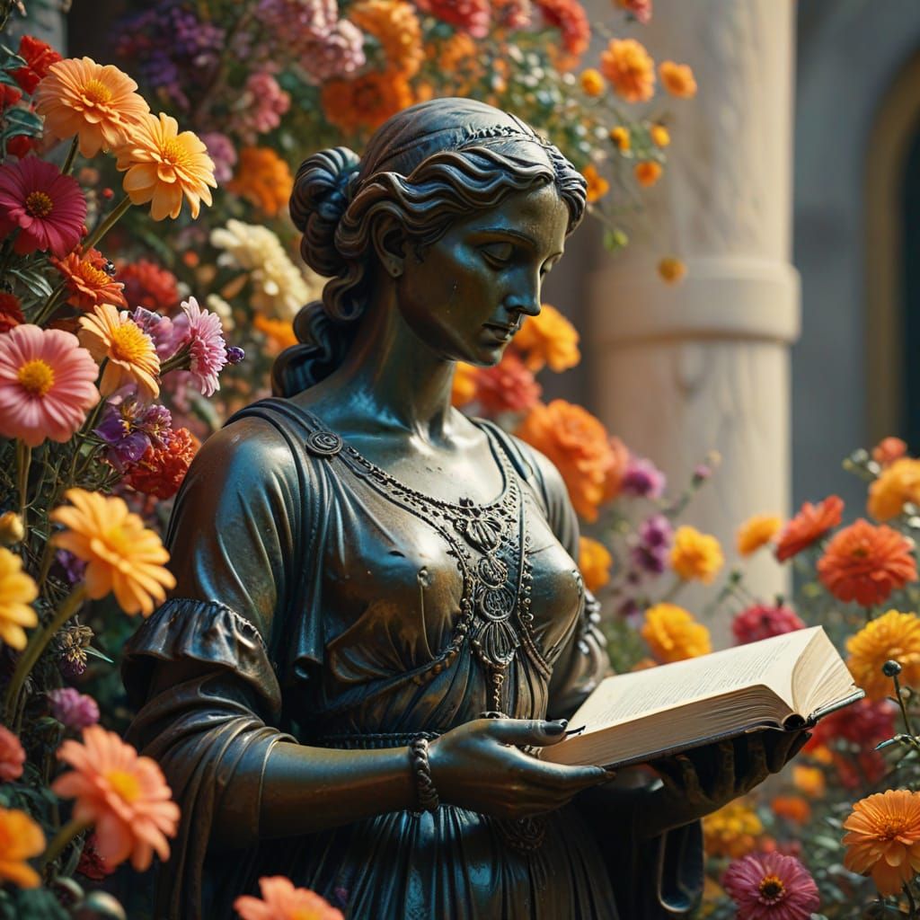 Dramatic Poetess Statue with Flowers in Cinematic Lighting