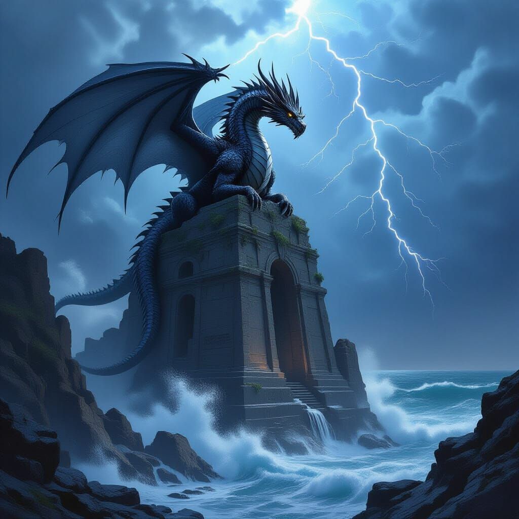 Obsidian Dragon Perched Atop Ancient Ruins