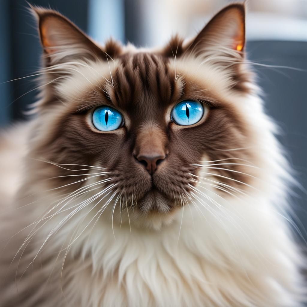 Long-Haired Chocolate Point Cat with Blue Eyes