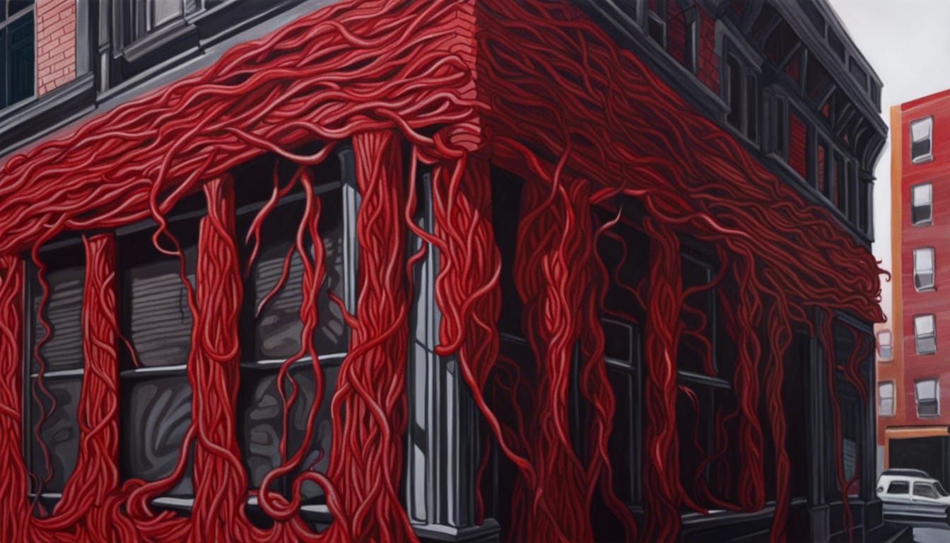 Hyperrealistic Building Covered in Red Arteries