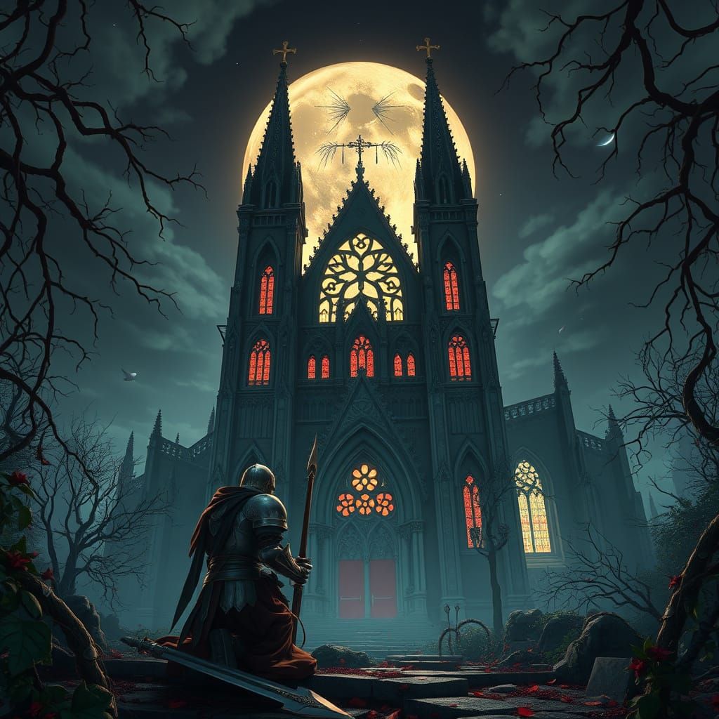 Knight in Tarnished Armor Before Crumbling Cathedral