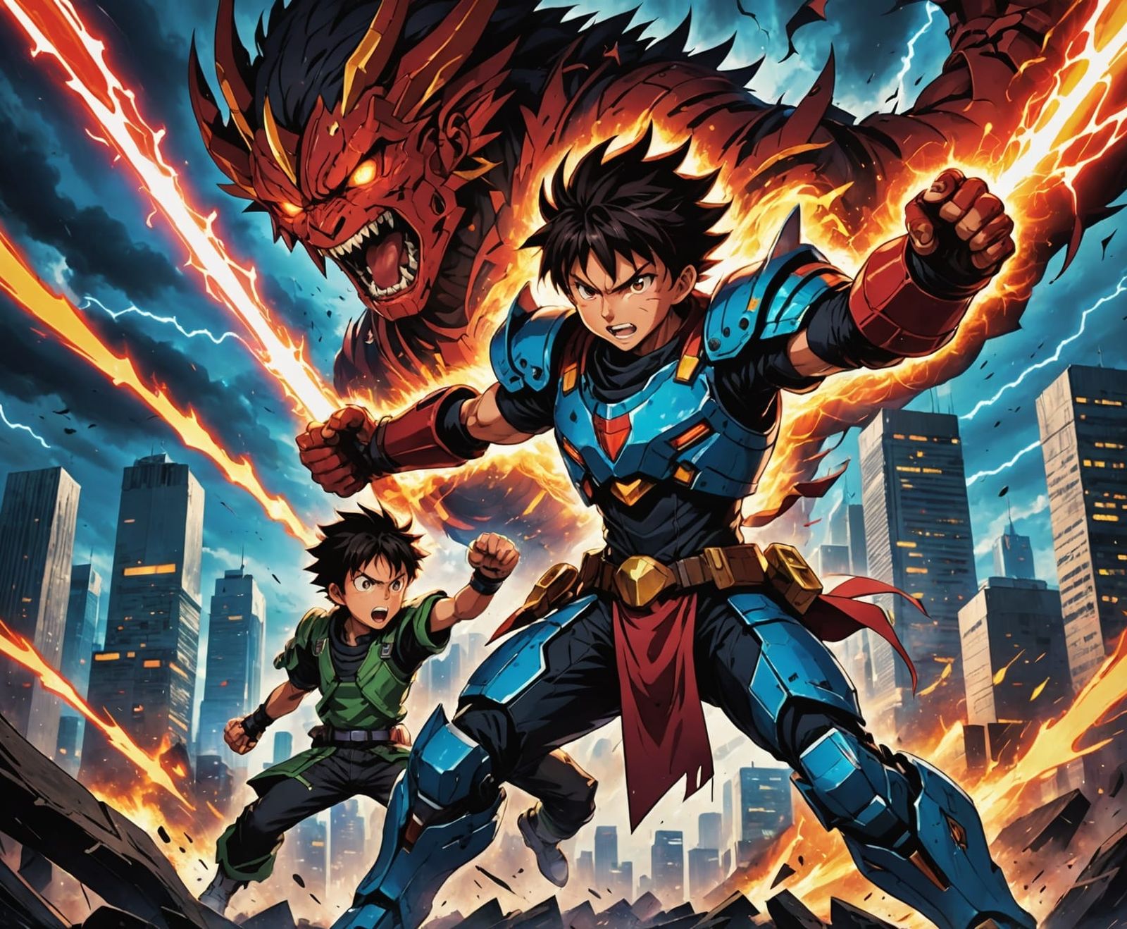 Anime Warrior Child Battles Robotic Demon in City