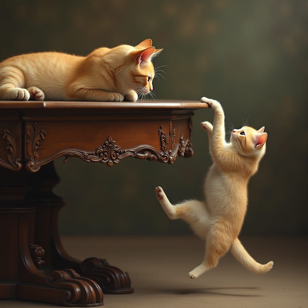 Surrealistic Whimsy: Cats Defy Gravity on Ornate Table