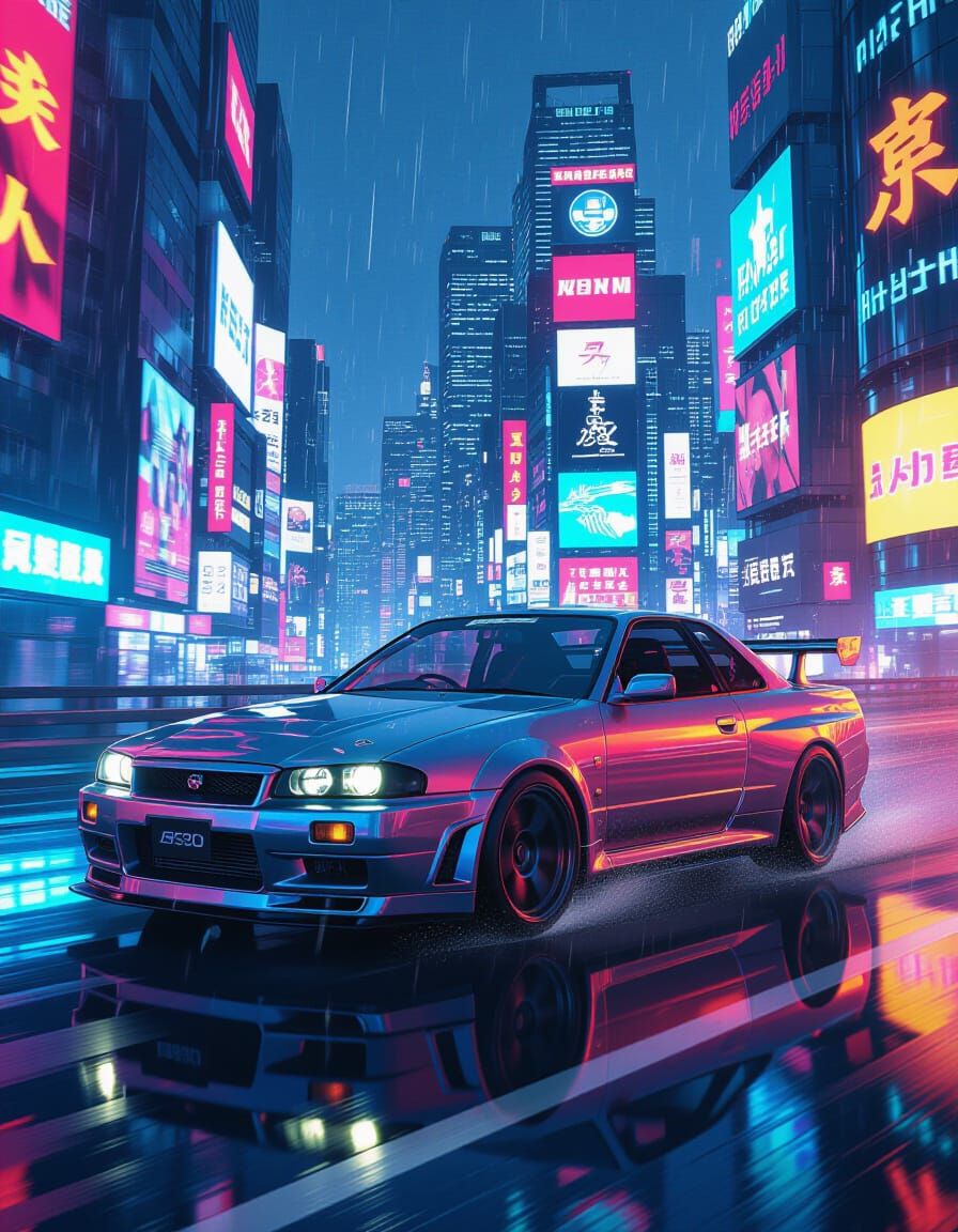 Cyberpunk Nissan R30 Speeds Through Neon Metropolis