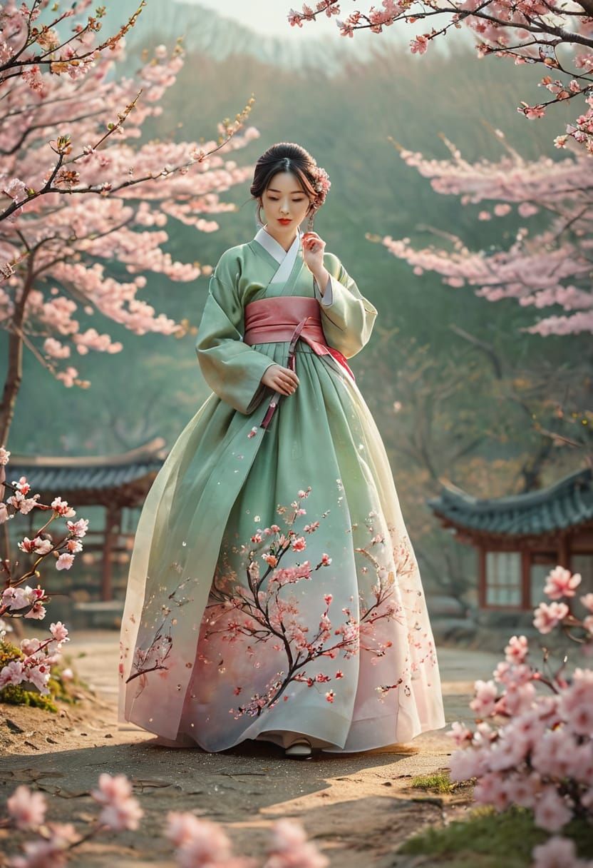 Ethereal Korean Girl in Hanbok Dress Surrounded by Sakura Bl...