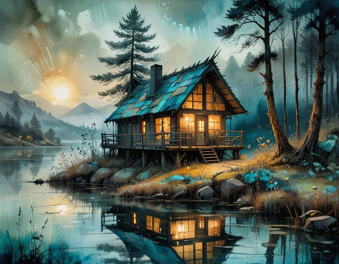 Whimsical Cabin Scene in Muted Watercolors