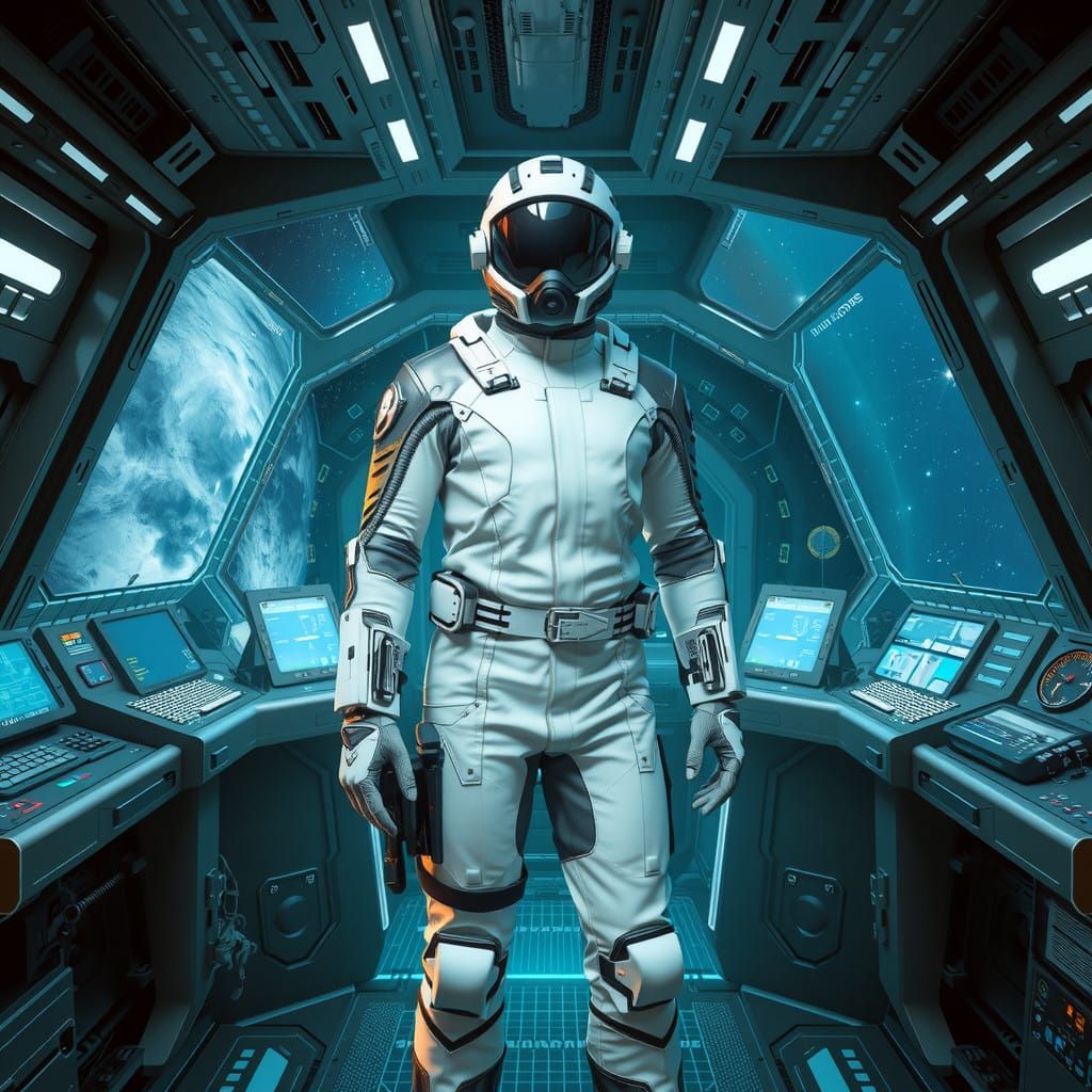 Futuristic Space Pilot in Holographic Starship Cockpit