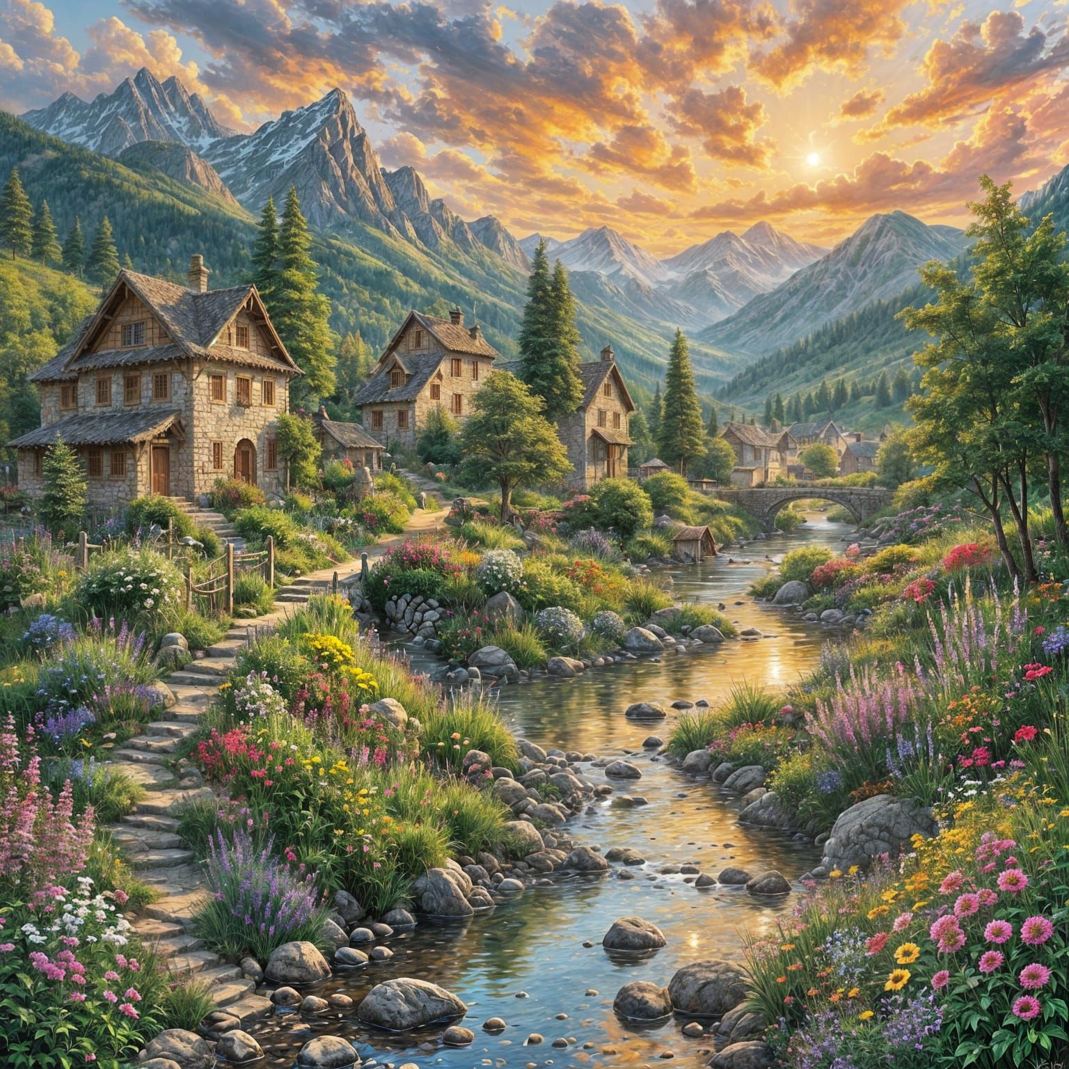 Rustic Village Sunset Landscape in Impasto Style