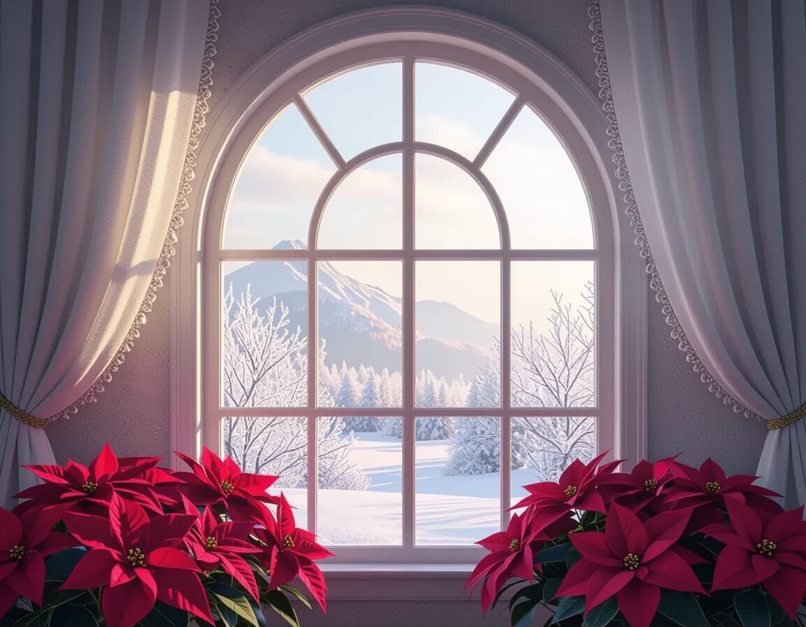 Arched Window with Frosty Landscape and Poinsettias
