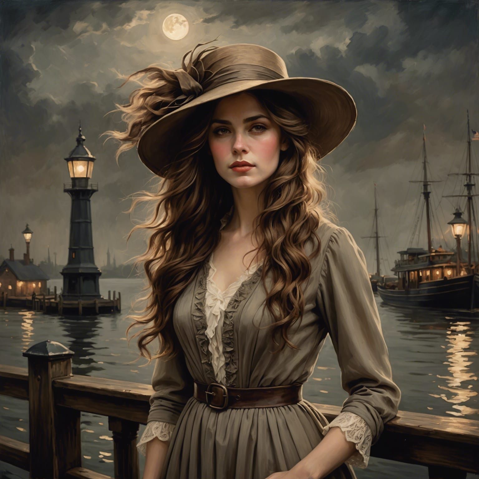 Edwardian Woman on Dock in Sepia Oil Painting