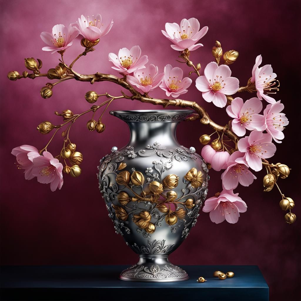 Metallic Pink Cherry Blossoms Still Life