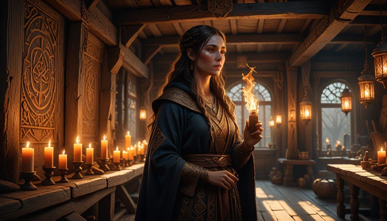 Warmly Lit Nordthra Goddess in Rustic Hall